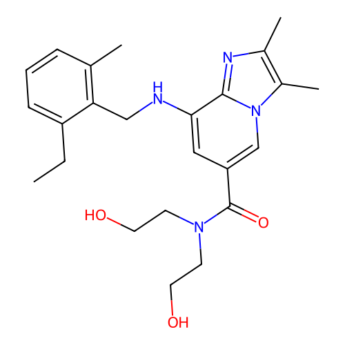 8-((2-ethyl-6-methylbenzyl)amino)-N,N-bis(2-hydroxyethyl)-2,3-dimethylimidazo[1,2-a]pyridine-6-carboxamide structure