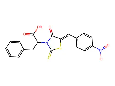 2-[(5Z)-5-[(4-nitrophenyl)methylidene]-4-oxo-2-sulfanylidene-1,3-thiazolidin-3-yl]-3-phenylpropanoic acid structure