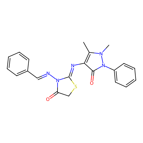 (Z)-3-((E)-benzylideneamino)-2-((1,5-dimethyl-3-oxo-2-phenyl-2,3-dihydro-1H-pyrazol-4-yl)imino)thiazolidin-4-one structure