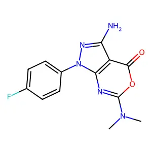 3-amino-6-(dimethylamino)-1-(4-fluorophenyl)pyrazolo[3,4-d][1,3]oxazin-4(1H)-one structure