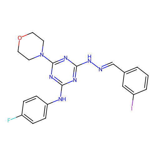 (E)-N-(4-fluorophenyl)-4-(2-(3-iodobenzylidene)hydrazinyl)-6-morpholino-1,3,5-triazin-2-amine structure