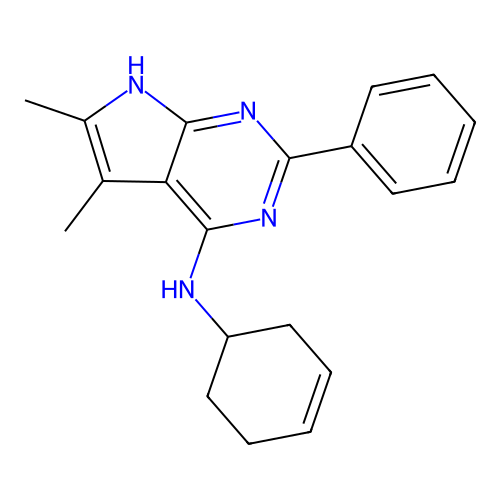 N-cyclohex-3-en-1-yl-5,6-dimethyl-2-phenyl-7H-pyrrolo[2,3-d]pyrimidin-4-amine structure