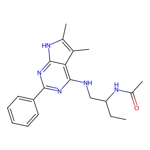 N-[1-[(5,6-dimethyl-2-phenyl-7H-pyrrolo[2,3-d]pyrimidin-4-yl)amino]butan-2-yl]acetamide structure