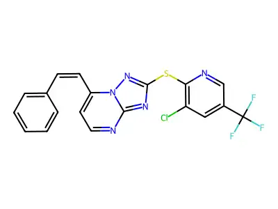 2-[3-chloro-5-(trifluoromethyl)pyridin-2-yl]sulfanyl-7-(2-phenylethenyl)-[1,2,4]triazolo[1,5-a]pyrimidine structure