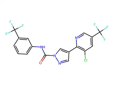4-[3-chloro-5-(trifluoromethyl)-2-pyridinyl]-N-[3-(trifluoromethyl)phenyl]-1H-pyrazole-1-carboxamide structure