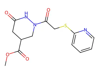 Methyl 6-oxo-2-[2-(2-pyridinylsulfanyl)acetyl]hexahydro-4-pyridazinecarboxylate structure