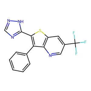 3-phenyl-2-(1H-1,2,4-triazol-3-yl)-6-(trifluoromethyl)thieno[3,2-b]pyridine structure