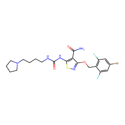 3-((4-Bromo-2,6-difluorobenzyl)oxy)-5-(3-(4-(pyrrolidin-1-yl)butyl)ureido)isothiazole-4-carboxamide structure