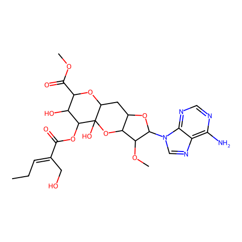 Methyl 2-(6-amino-9H-purin-9-yl)-4a,6-dihydroxy-5-((2-(hydroxymethyl)pent-2-enoyl)oxy)-3-methoxydecahydrofuro[3,2-b]pyrano[2,3-e]pyran-7-carboxylate structure