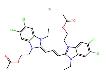 2-[2-[3-[1-(2-acetyloxyethyl)-5,6-dichloro-3-ethylbenzimidazol-1-ium-2-yl]prop-2-enylidene]-5,6-dichloro-3-ethylbenzimidazol-1-yl]ethyl acetate bromide structure