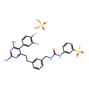 3-[[3-[2-[2,6-diamino-5-(3,4-dichlorophenyl)pyrimidin-4-yl]ethyl]phenyl]methylcarbamoylamino]benzenesulfonyl fluoride; sulfuric acid structure