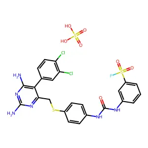3-[[4-[[2,6-diamino-5-(3,4-dichlorophenyl)pyrimidin-4-yl]methylsulfanyl]phenyl]carbamoylamino]benzenesulfonyl fluoride; sulfuric acid structure