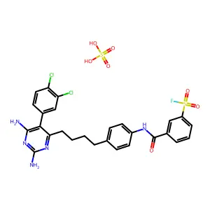 3-[[4-[4-[2,6-diamino-5-(3,4-dichlorophenyl)pyrimidin-4-yl]butyl]phenyl]carbamoyl]benzenesulfonyl fluoride; sulfuric acid structure