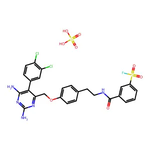 3-[2-[4-[[2,6-diamino-5-(3,4-dichlorophenyl)pyrimidin-4-yl]methoxy]phenyl]ethylcarbamoyl]benzenesulfonyl fluoride; sulfuric acid structure