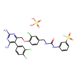 3-[[3-chloro-4-[[2,6-diamino-5-(3,4-dichlorophenyl)pyrimidin-4-yl]methoxy]phenyl]methylcarbamoylamino]benzenesulfonyl fluoride; sulfuric acid structure