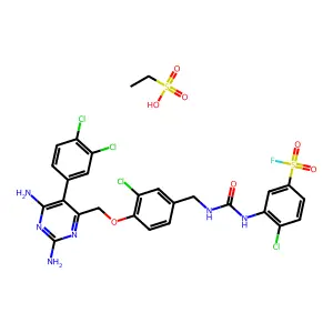 4-chloro-3-[[3-chloro-4-[[2,6-diamino-5-(3,4-dichlorophenyl)pyrimidin-4-yl]methoxy]phenyl]methylcarbamoylamino]benzenesulfonyl fluoride; ethanesulfonic acid structure