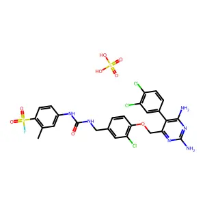 4-[[3-chloro-4-[[2,6-diamino-5-(3,4-dichlorophenyl)pyrimidin-4-yl]methoxy]phenyl]methylcarbamoylamino]-2-methylbenzenesulfonyl fluoride; sulfuric acid structure