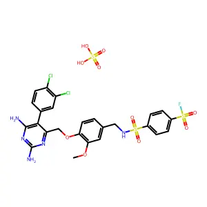4-[[4-[[2,6-diamino-5-(3,4-dichlorophenyl)pyrimidin-4-yl]methoxy]-3-methoxyphenyl]methylsulfamoyl]benzenesulfonyl fluoride; sulfuric acid structure