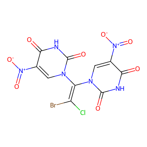 1,1'-(2-bromo-2-chloroethene-1,1-diyl)bis(5-nitropyrimidine-2,4(1H,3H)-dione) structure
