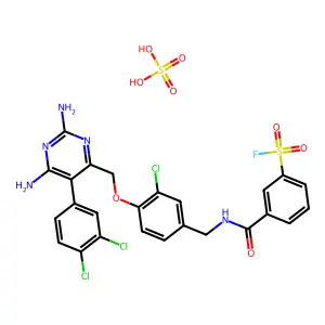 3-[[3-chloro-4-[[2,6-diamino-5-(3,4-dichlorophenyl)pyrimidin-4-yl]methoxy]phenyl]methylcarbamoyl]benzenesulfonyl fluoride; sulfuric acid structure