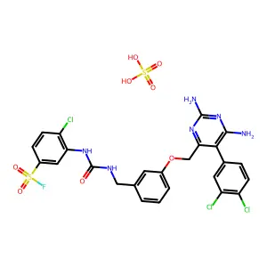 4-chloro-3-[[3-[[2,6-diamino-5-(3,4-dichlorophenyl)pyrimidin-4-yl]methoxy]phenyl]methylcarbamoylamino]benzenesulfonyl fluoride; sulfuric acid structure