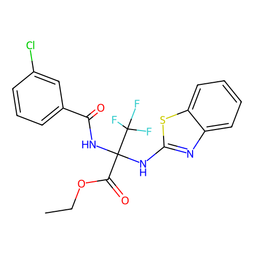 ethyl 2-(1,3-benzothiazol-2-ylamino)-2-[(3-chlorobenzoyl)amino]-3,3,3-trifluoropropanoate structure