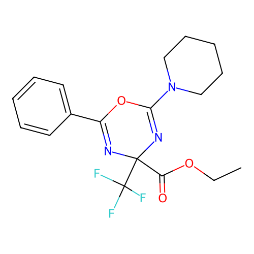 ethyl 2-phenyl-6-(piperidin-1-yl)-4-(trifluoromethyl)-4H-1,3,5-oxadiazine-4-carboxylate structure