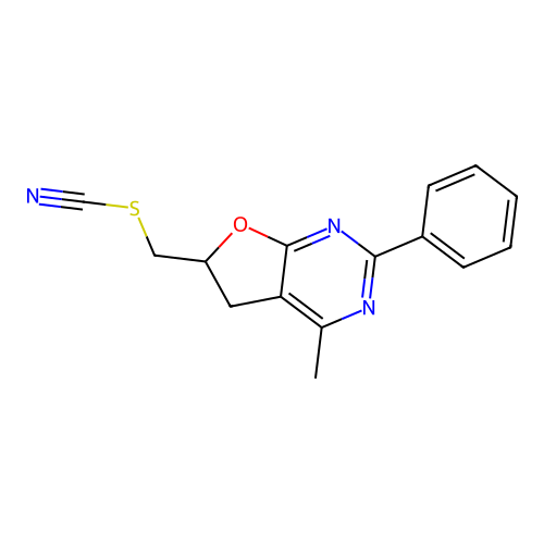 (4-Methyl-2-phenyl-5,6-dihydrofuro[2,3-d]pyrimidin-6-yl)methyl thiocyanate structure