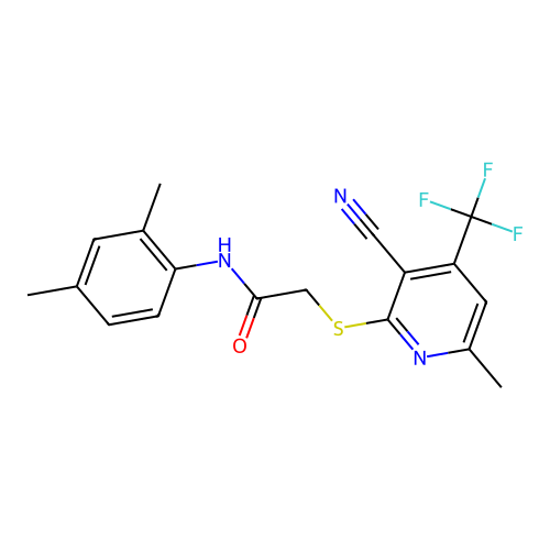 2-((3-cyano-6-methyl-4-(trifluoromethyl)pyridin-2-yl)thio)-N-(2,4-dimethylphenyl)acetamide structure