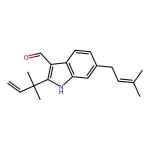 2-(2-methylbut-3-en-2-yl)-6-(3-methylbut-2-enyl)-1H-indole-3-carbaldehyde structure