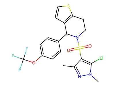 5-[(5-chloro-1,3-dimethyl-1H-pyrazol-4-yl)sulphonyl]-4-[4-(trifluoromethoxy)phenyl]-4,5,6,7-tetrahydrothieno[3,2-c]pyridine structure