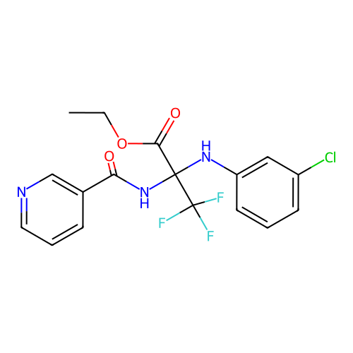 Ethyl 2-(3-chloroanilino)-3,3,3-trifluoro-2-nicotinamidopropionate structure