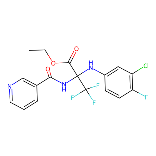 Ethyl 2-(3-chloro-4-fluoroanilino)-3,3,3-trifluoro-2-nicotinamidopropionate structure