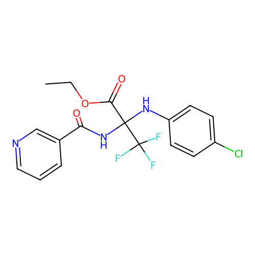 Ethyl 2-(4-chloroanilino)-3,3,3-trifluoro-2-nicotinamidopropionate structure