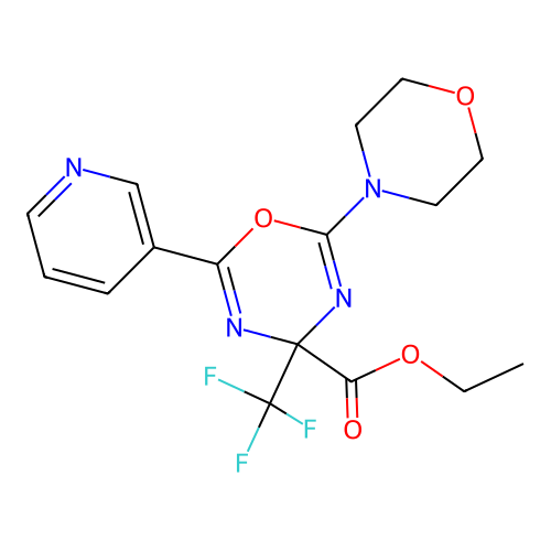 Ethyl 2-morpholino-6-(3-pyridyl)-4-(trifluoromethyl)-4H-1,3,5-oxadiazine-4-carboxylate structure