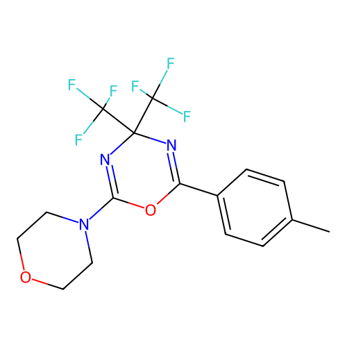 2-Morpholino-6-(p-tolyl)-4,4-bis(trifluoromethyl)-4H-1,3,5-oxadiazine structure