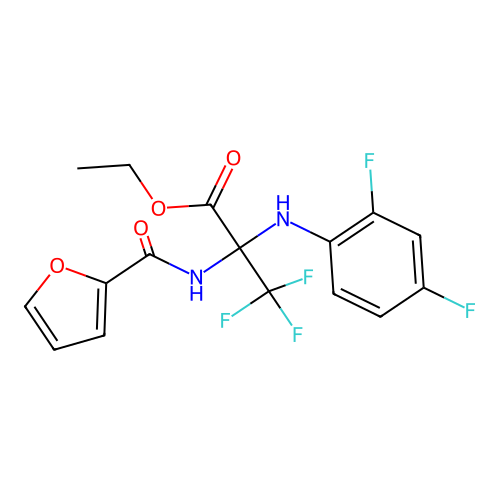 ethyl 2-((2,4-difluorophenyl)amino)-3,3,3-trifluoro-2-(furan-2-carboxamido)propanoate structure
