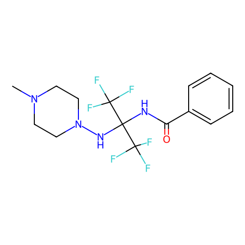 N-(1,1,1,3,3,3-hexafluoro-2-((4-methylpiperazin-1-yl)amino)propan-2-yl)benzamide structure