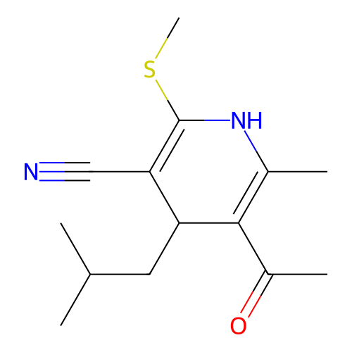 5-acetyl-4-isobutyl-6-methyl-2-(methylthio)-1,4-dihydropyridine-3-carbonitrile structure