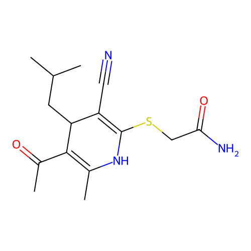2-((5-acetyl-3-cyano-4-isobutyl-6-methyl-1,4-dihydropyridin-2-yl)thio)acetamide structure