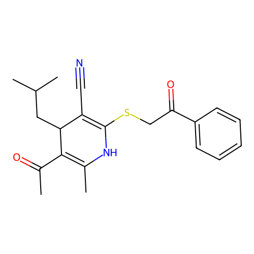 5-acetyl-6-methyl-4-(2-methylpropyl)-2-[(2-oxo-2-phenylethyl)sulfanyl]-1,4-dihydropyridine-3-carbonitrile structure