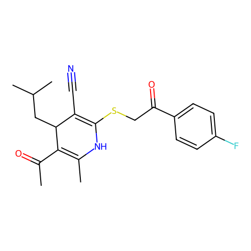 5-acetyl-2-((2-(4-fluorophenyl)-2-oxoethyl)thio)-4-isobutyl-6-methyl-1,4-dihydropyridine-3-carbonitrile structure