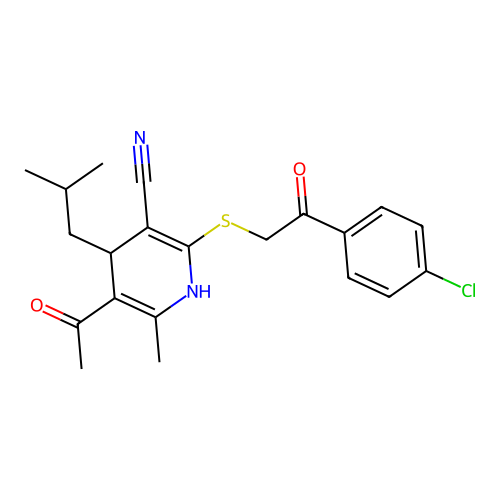 5-acetyl-2-{[2-(4-chlorophenyl)-2-oxoethyl]sulfanyl}-6-methyl-4-(2-methylpropyl)-1,4-dihydropyridine-3-carbonitrile structure