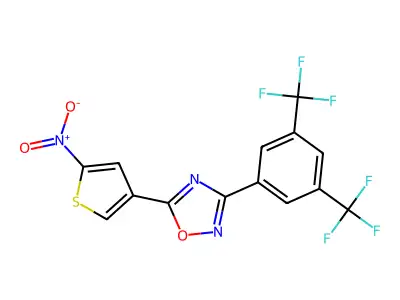 3-[3,5-Bis(trifluoromethyl)phenyl]-5-(5-nitrothiophen-3-yl)-1,2,4-oxadiazole structure