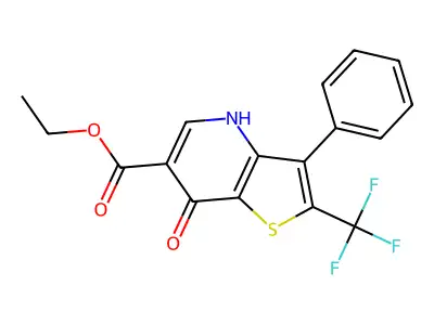 ethyl 7-oxo-3-phenyl-2-(trifluoromethyl)-4H-thieno[3,2-b]pyridine-6-carboxylate structure