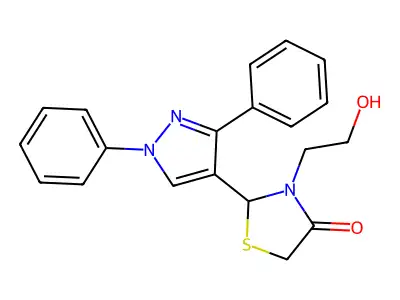 2-(1,3-diphenyl-1H-pyrazol-4-yl)-3-(2-hydroxyethyl)-1,3-thiazolidin-4-one structure