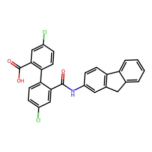 5-chloro-2-[4-chloro-2-(9H-fluoren-2-ylcarbamoyl)phenyl]benzoic acid structure