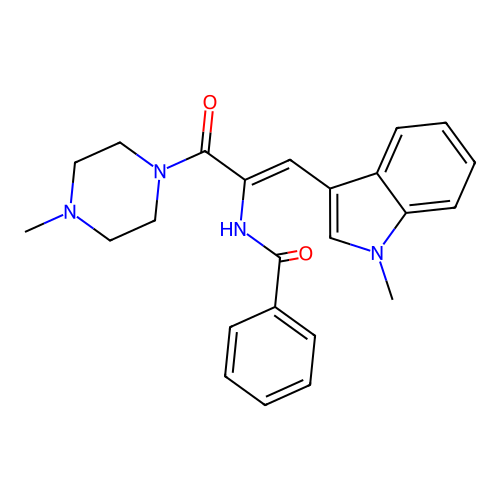 N-[(Z)-1-(1-methylindol-3-yl)-3-(4-methylpiperazin-1-yl)-3-oxoprop-1-en-2-yl]benzamide structure