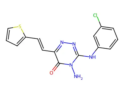 4-Amino-3-(3-chloroanilino)-6-(2-thiophen-2-ylethenyl)-1,2,4-triazin-5-one structure