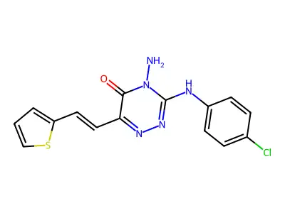4-Amino-3-(4-chloroanilino)-6-(2-thiophen-2-ylethenyl)-1,2,4-triazin-5-one structure